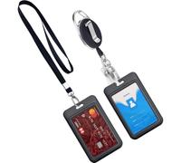 AZWOOD - Porta carte di plastica verticale con custodia protettiva rigida nera per carta d'identità con portachiavi porta carte trasparente con cordino per ufficio scuola (scuro)