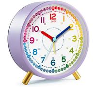 Azxb Sveglia per bambini, silenziosa, senza ticchettio, orologio analogico per imparare a scuola per principianti, sveglia per insegnare l'ora ai bambini, elegante orologio rotondo in metallo