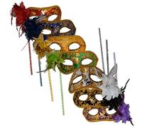 AZYOUNG Maschera da donna per Natale, Halloween, mezza maschera con fiore piuma laterale su bastone, 7 pezzi (colore misto)
