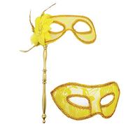 AZYOUNG Maschera traslucida pieghevole per coppie, con velo di pizzo e fiore con piuma laterale e mezza maschera piatta, confezione da 2 pezzi (rosso oro)