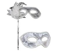 AZYOUNG Maschera traslucida pieghevole per coppie, con velo di pizzo e fiore con piuma laterale e mezza maschera piatta, confezione da 2 pezzi (bianco)