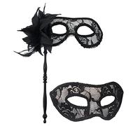 AZYOUNG Maschera traslucida pieghevole per coppie, con velo di pizzo e fiore con piuma laterale e mezza maschera piatta, confezione da 2 pezzi (nero)