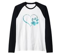 Azzurro colorato Cane Zampa Stampa Cuore Amore Verde Menta Maglia con Maniche Raglan