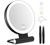 B Beauty Planet Specchio d'ingrandimento con luce 30X, specchio per il trucco a doppio lato con ingrandimento 1X/ 30X e pinzetta, 2000mAh 3 modalità di colore con luminosità regolabile