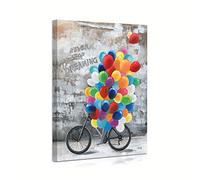 B BLINGBLING Stampa artistica da parete su tela, motivo: ragazza con palloncini, scritta "Never Stop Dreaming", pronta da appendere, 30 x 40 cm, graffiti in bicicletta con palloncini colorati, 30 x 40