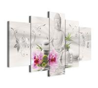 B&D XXL - Quadro 150x75 cm 5 Pezzi - Stampa su Tela Strutturata XXL Grande - Quadri Moderni Componibili Camera da Letto Matrimoniale - Stampe da Parete Arte - Buddha Fiori rosa b-A-0020-b-o