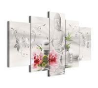 B&D XXL - Quadro 150x75 cm 5 Pezzi - Stampa su Tela Strutturata XXL Grande - Quadri Moderni Componibili Camera da Letto Matrimoniale - Stampe da Parete Arte - Buddha Fiori rosa viola b-A-0020-b-p