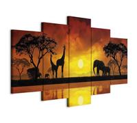 B&D XXL - Quadro Africa Animali 150x75 cm 5 pezzi Stampa su tela XXL Immagini moderni Murale Fotografia Grafica Decorazione da parete Paesaggio Natura arancione nero Tramonto 030112-68