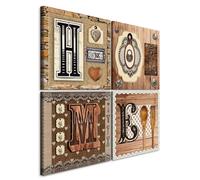 B&D XXL - Set di 4 Quadri Grandi Multipannello Lettere Vintage 80x80 cm Ciascuno delle Dimensioni di 40x40 cm - Collage 4 Pezzi - Quadro Materico Premium su Tela Struttura - Zona Notte - 020115-33