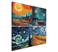 B&D XXL - Set di 4 Quadri Grandi Multipannello Notte Stellata Stile Van Gogh 80x80 cm Ciascuno delle Dimensioni di 40x40 cm - Collage 4 Pezzi - Quadro Materico - Tela Struttura - Ufficio c-C-10118-b-a