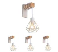 B·LED BARCELONA LED LedApplique da parete vintage in design industriale, lampada retrò in acciaio e legno, colore bianco, marrone, attacco E27 (LM133-B-Y) (Confezione da 4)