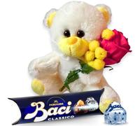 B&P Baci Perugina Regalo Uomo - Donna - Tubo Baci Perugina Classico 37,5 + Orsacchiotto - Rosa Artificiale Fuxia - Compleanno