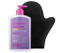 b.tan Dark Clear Self Tanning Gel with Mitt Kit | Glow Your Own Way Next Level Bundle - Quick Express Tanner Insanely Dark Gel for Face and Body with Applicator, Transfer-Proof, 16 Fl Oz