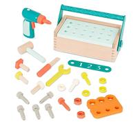 B. toys Cassetta degli attrezzi in legno portatile per il fai da te | Set da 25 con trapano giocattolo, martello, cacciavite, chiave inglese, righello 123 e supporto costruibile, 3+ anni