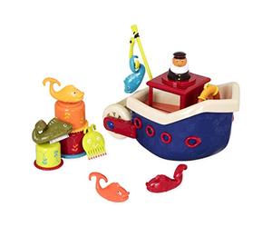 B. toys Fish N Splish, giocattoli da bagno con barca galleggiante | Set da bagno da 13 pezzi con barca galleggiante, capitano, 4 pesci, 3 tazze impilabili, amo e accessori marini, 1+ anni