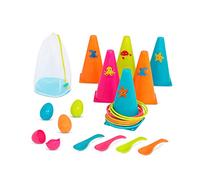 B. toys Giochi all'aperto a volontà, Lancio Anelli e Corsa con Uovo | Set da 24 pezzi con 6 coni, 10 anelli, 4 cucchiai, 4 uova apribili e borsa in rete; per giardino e feste; 3+ anni