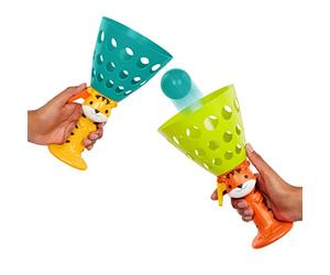 B. toys Pop 'n' Launch, Gioco di Lancio e Presa con lanciatori | Con 2 lanciatori portatili a forma di tigre e 4 mini palline, per giocare in coppia all'aperto o in viaggio, 3+ anni