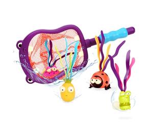 B. toys Set per Immersione Hubba, Rete a Forma di Ippopotamo | Set da 5 pezzi per piscina con rete facile da afferrare e 4 accessori appesantiti da recuperare sott’acqua, 3+ anni