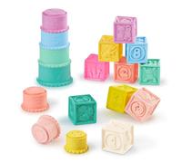 B. toys - Squishies impilabili - Giocattolo sensoriale per bambini - Blocchi morbidi per bambini - Bicchieri a goccia impilabili - Numeri, forme e animali - 6 mesi +