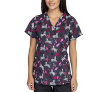 B-well Bambina - Casacca da donna a maniche corte, con scollo a V e motivi, per personale medico e sanitario, zebra, L