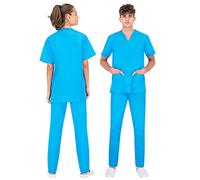 B-well “Colombo” - Uniforme unisex con casacca e pantaloni, per personale medico e sanitario, tessuto spesso, Azzurro, XS