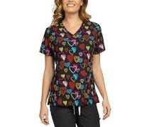 B-well Isabella - Casacca da Donna per la Cura con Elastan, Motivo, per Assistenza Anziani, Lunga, Colletto a V, Lavabile in Lavatrice, Taglia L, Colore Amore Colorato