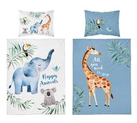 B4Beds Set di biancheria da letto reversibile con elefante, motivo giraffa e elefante, reversibile, per neonata, lettino, copripiumino e federa in bambù/cotone (90 x 120 cm) (100 x 135 cm)