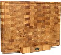B4K® Tagliere con supporto in legno di quercia, 50 × 35 × 4 cm, blocco di legno di cervello antibatterico con manici, scanalatura e piedini in silicone, perfetto per cucina, carne e barbecue