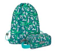 Baagl Minecraft - Set di 2 astucci e sacca da palestra, per ragazzi e ragazze, astuccio per la scuola, borsa da palestra, astuccio per scarpe, astuccio per ragazzi e bambini, Silver Creeper, 20 x 7 x