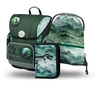 Baagl Schulranzen Jungen Set 3 Teilig, Ergo Schultasche für 1. rgonomische Grundschule Ranzen Tornister mit Brustgurt, Dino, School Backpack Set