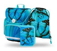 Baagl Set di 3 zaini per la scuola Ergo per la prima classe, zaino ergonomico per la scuola elementare con cintura toracica, farfalla, Set per la scuola