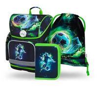 Baagl Set di 3 zaini per la scuola Ergo per la prima classe, zaino ergonomico per la scuola elementare con cintura toracica, Calciatore, Set per la scuola