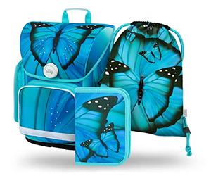 Baagl Set di 3 zaini per la scuola Ergo per la prima classe, zaino ergonomico per la scuola elementare con cintura toracica, farfalla, Set per la scuola