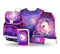 Baagl Set di 5 zaini per la scuola Ergo per la prima classe, astuccio, sacca da ginnastica, grembiule, borsa per il seno), zaino per la scuola elementare, zaino ergonomico per la scuola, 19 l, cavallo