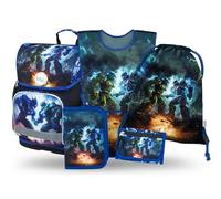 Baagl Set di 5 zaini per la scuola Ergo per la prima classe, astuccio, sacca da ginnastica, grembiule, borsa per il seno), zaino per la scuola elementare, zaino ergonomico per la scuola, 19 l, Robot