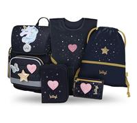Baagl Set di 5 zaini per la scuola Ergo per la prima stuccio, sacca da ginnastica, grembiule, borsa per il seno), zaino per la scuola elementare, zaino ergonomico per la scuola, 19 l, Unicorn