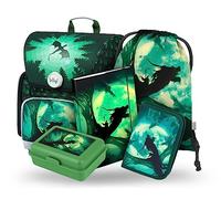 Baagl Set di 5 zaini per la scuola Ergo per ragazzi a partire dalla 1a classe, zaino ergonomico per la scuola elementare con cintura toracica, Dragone