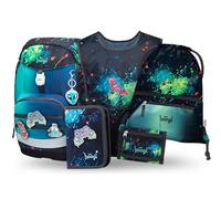 Baagl Set di 5 zaini per la scuola per ragazzi (Airy Plus per 1 stuccio, sacca da ginnastica, grembiule, borsa per il seno), zaino per la scuola elementare, zaino ergonomico per la scuola