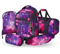 Baagl Set di 5 zaini per la scuola per ragazzi e ragazze (zaino skateboard, skate max, astuccio, borsa da palestra, borsa sportiva, marsupio), borsa ergonomica, 30 l (Galaxy)