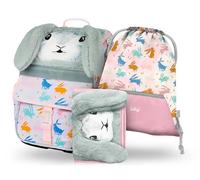 Baagl Zainetto per la scuola per ragazzi e ragazze, set da 3 pezzi, zaino per la scuola primaria con cintura sul petto, zaino ergonomico per la scuola, Coniglietto, Set per la scuola