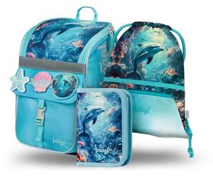Baagl Zainetto per la scuola per ragazzi e ragazze, set da 3 pezzi, zaino per la scuola primaria con cintura sul petto, zaino ergonomico per la scuola, Delfino