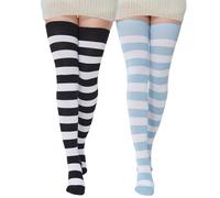 BABAHU Calze alte da donna extra lunghe in cotone a righe sopra il ginocchio (IT, alfa, taglia unica, regolare, nero/bianco e blu/bianco)