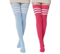 BABAHU Calzini alti fino alla coscia da donna extra lunghi in cotone a righe sopra il ginocchio (Z-Fuschia&Blue-02)