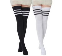 BABAHU Calzini da donna extra lunghi, in cotone, a righe, calzini alti alla coscia, Taglia unica