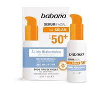 Babaria - Siero Solare Viso SPF50+ con Acido Ialuronico | Antimacchie e Anti-età | Texture Leggera Invisibile | Resistente all'Acqua | Coral Friendly | 30 ml