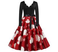 Babbo Natale, abito da sera da donna, elegante e chic, con stampa di albero di Natale, abito di Natale, da donna, casual, con scollo a V, abiti di Natale, swing, abiti da cocktail alla moda, per feste