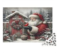 Babbo Natale - Carta - Babbo Natale che dà da mangiare a un uccello rosso alla capanna innevata - Puzzle - Regalabile per tutta la famiglia - 38x26cm/1000 pezzi