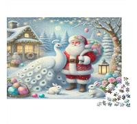 Babbo Natale e Pavone Bianco Puzzle 1000 Pezzi Carta Puzzle per Adulti Scenario Invernale Puzzle per Famiglia Relax Regalo Decorazione 52x38cm/1000pcs