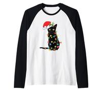 Babbo Natale Gatto Nero aggrovigliato in Albero di Natale luci Vacanza Maglia con Maniche Raglan