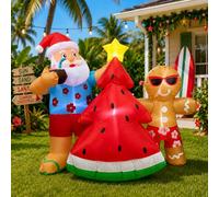 Babbo Natale gonfiabile per esterni, 1,5 m, Babbo Natale hawaiano con albero di anguria e omino di pan di zenzero, decorazione natalizia pre-illuminata da giardino con luci a LED per prato e giardino